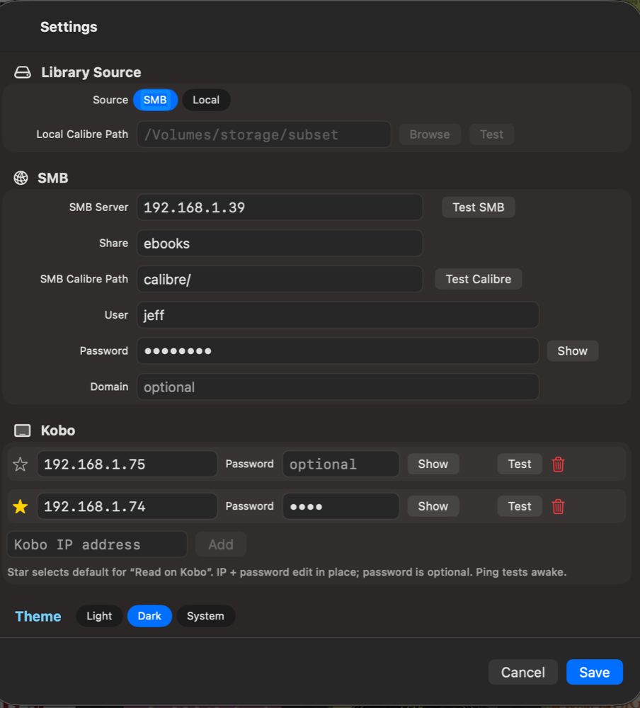 Catalog Settings: library source, SMB, Kobo devices, theme